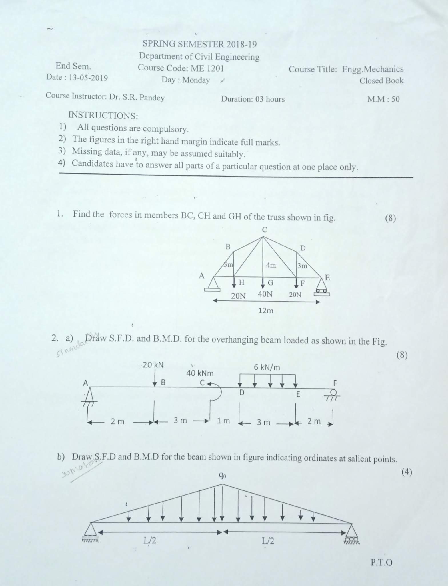 NITJSR Questions Paper/ Engineering mechanics / 1st Year / 4 all Branches
