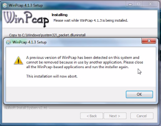  A previous version of WinPcap has been detected on this system and cannot be removed because in use by another application.  Please close all the WinPcap-based applications and run the installer again