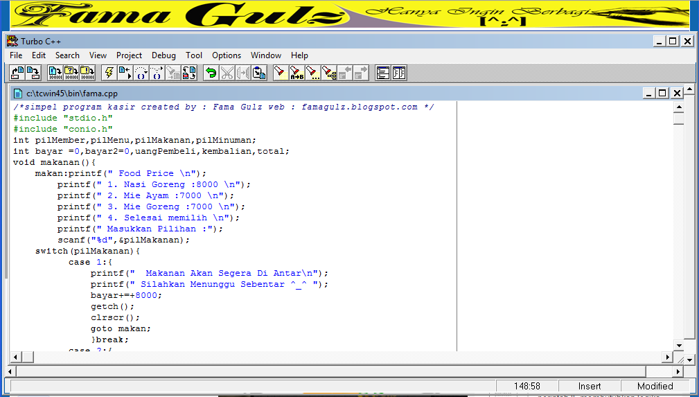 Contoh Program C++ "Kasir"  Fama Gulz