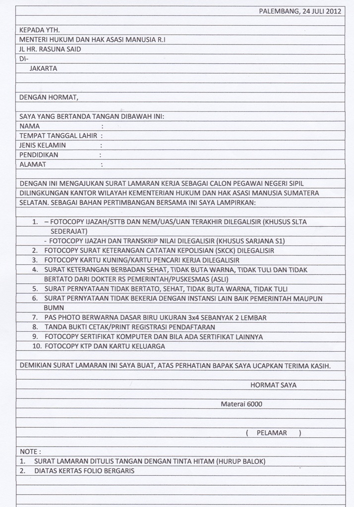 Contoh Terbaru Penulisan Surat Lamaran Kerja CPNS 