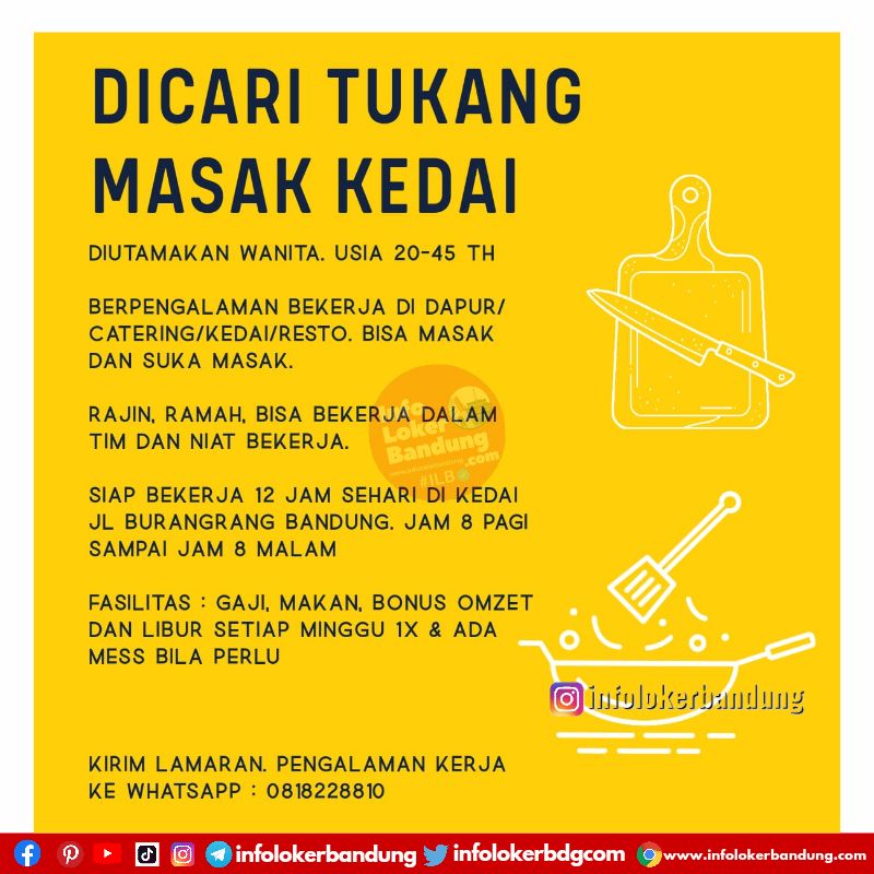 Dicari Tukang Masak Kedai Bandung Agustus 2022