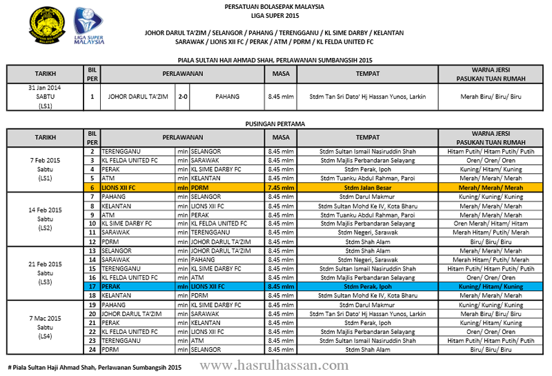 Jadual Perlawanan Liga Super Malaysia 2015