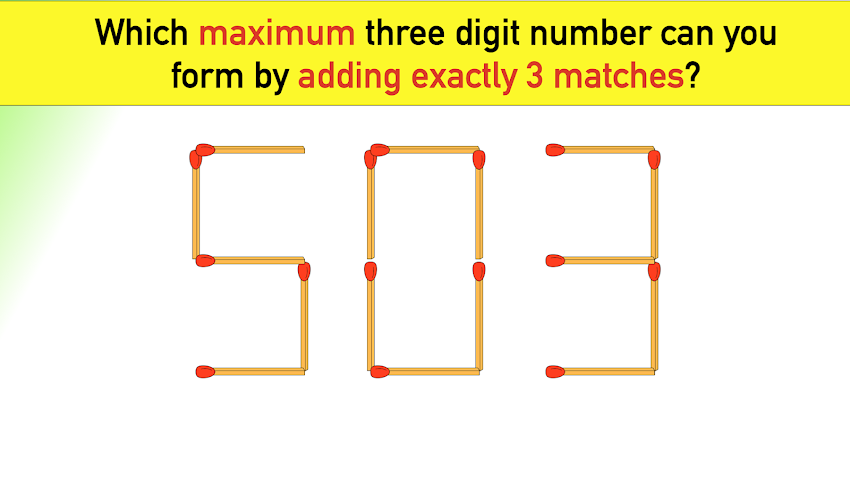 Matchstick Puzzles - Which maximum three digit number can you form by Adding exactly 3 Matches?