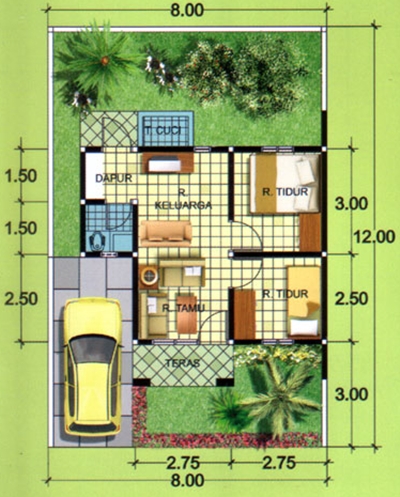 contoh denah rumah minimalis type 36 dengan 2 kamar tidur