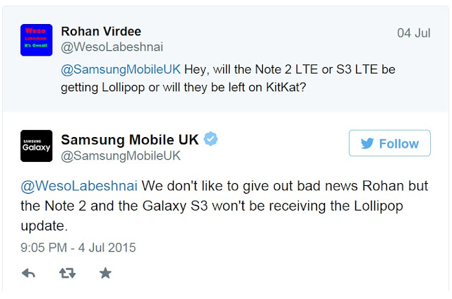 Samsung Galaxy S III, Note II won't get Android Lollipop in the UK