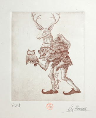 stooped old 'gnome' with deer head crown