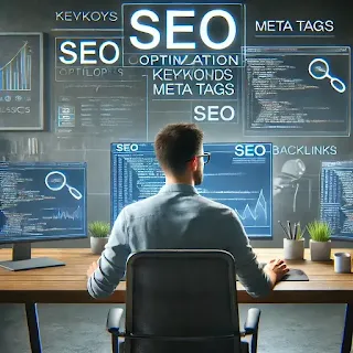 SEO 최적화 작업을 진행 중인 개발자의 모습 이미지