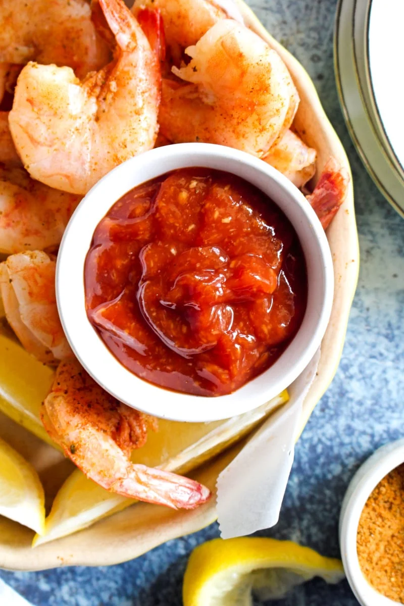 This easy recipe for Homemade Cocktail Sauce can be made in just five minutes with five simple ingredients. It's the perfect pair for your shrimp! #cocktailsauce #shrimp