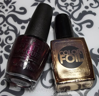 OPI 'Black Cherry Chutney', and Sally Hansen Color Foil 'Liquid Gold'