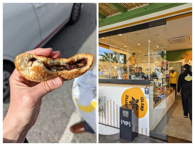 Orange chocolate filled bagel and Coffee Island Coffee Shop in Fira Santorini