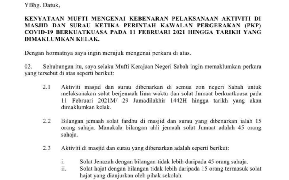 Kebenaran Solat 5 Waktu Di Masjid Dan Surau Ketika Pkp Bermula 11 Februari 2021