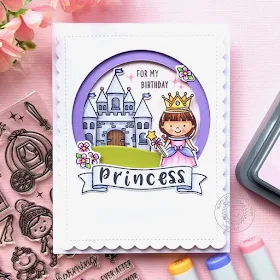 Sunny Studio Stamps: Enchanted Frilly Frame Dies Banner Basics Phoebe Alphabet Birthday Card by Lynn Put