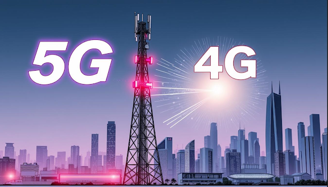 Person using a smartphone with 5G signal icon, fast internet, and connected smart devices in background.