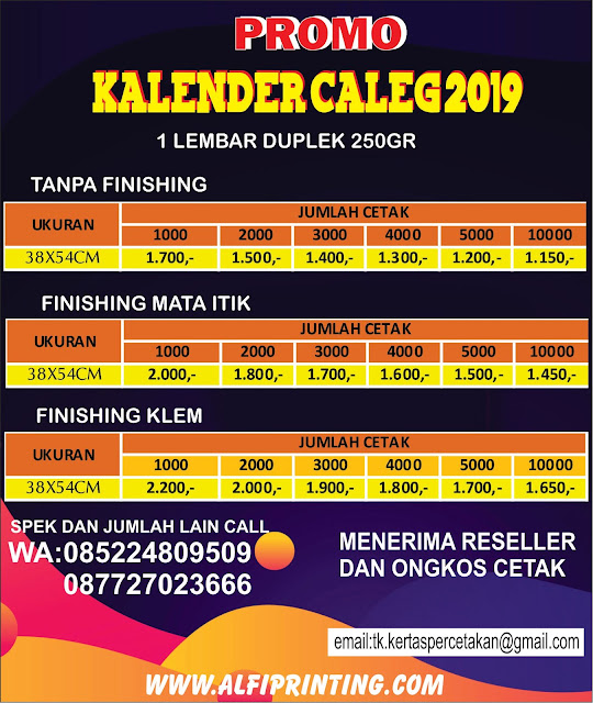 cetak kalender caleg 2019 duplek 250gr