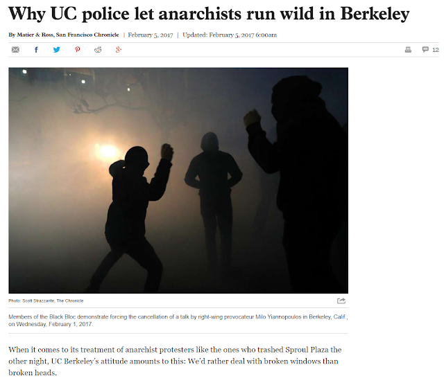 Heading of 'San Francisco Chronicle' article from February 5, 2017, regarding rioters in Berkeley.