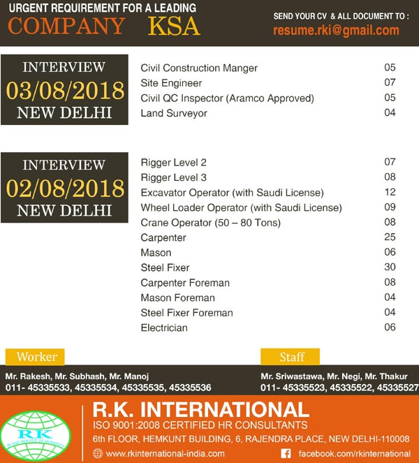 CIVIL CONSTRUCTION JOBS IN KSA : SENIOR AND JUNIOR POSITIONS : RK INTERNATIONAL 