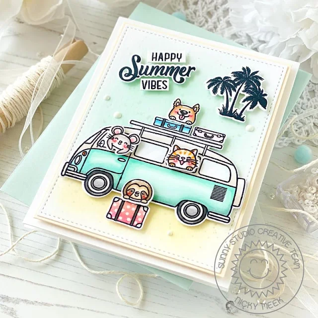 Sunny Studio Stamps: Beach Bus Summer Themed Card by Nicky Meeks (featuring Stitched Rectangles Dies)
