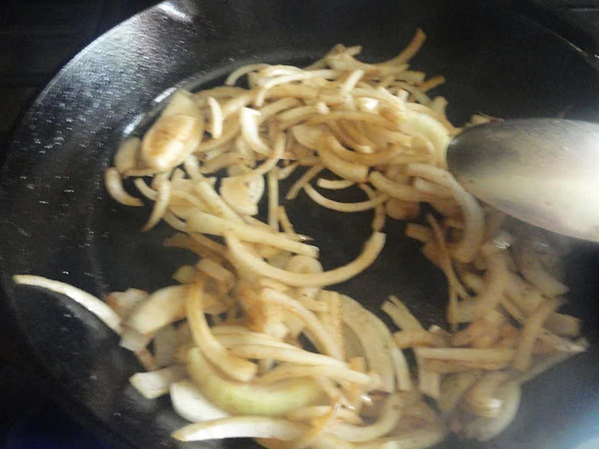 Caramelized Onions in a cast iron pan.