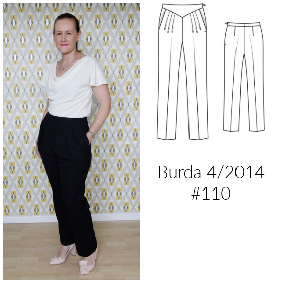 a white lady posing in a pair of navy blue wool pants and white top, and an image of a sewing pattern for pleated pants