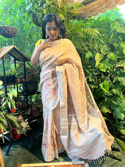 Linen Pichwai saree with embroidered motifs