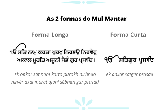 Imagem retangular, em posição horizontal, de fundo branco, com poucos detalhes de moldura em azul. Ao centro, exibindo uma tabela sem linhas, mostrando a 2 formas de Mul Mantar, a forma longa: Ek onkar Sat Nam Karta Purakh Nirbhao Nirvér Akal Murat Ajuní Sébhan Gur Prasad. E do outro lado, à direita, a versão curta do Mul Mantar: ek onkar satgur prasad.