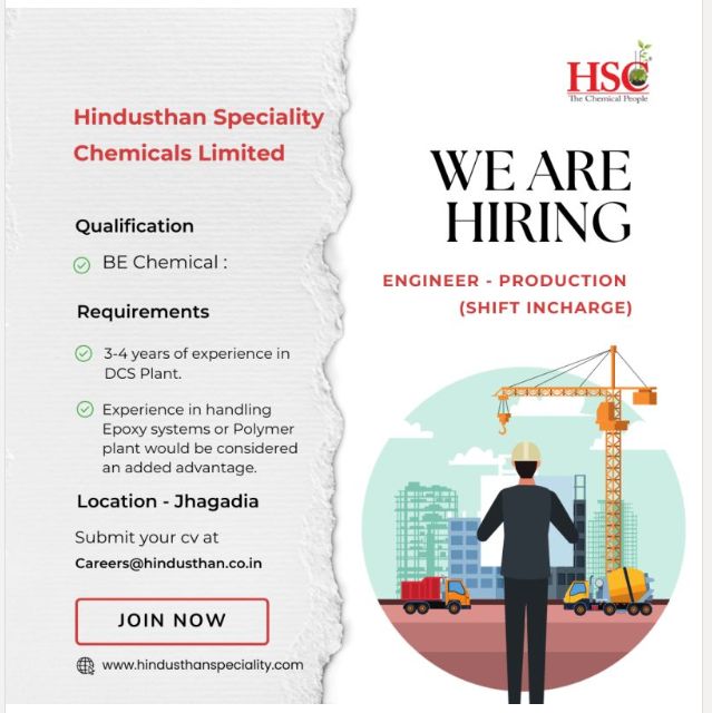 Hindusthan Speciality Chemicals Ltd Hiring For BE Chemical - Shift Incharge