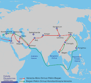 A map showing the journeys said to have been  made by Marco Polo on his travels to China