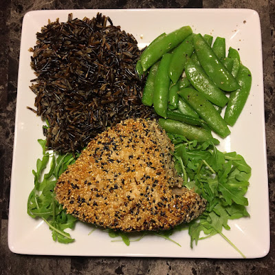 Seared sesame crusted tuna with wild rice and sugar snap peas