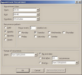 Image showing the Appointment Recurrence dialog box which has three main areas: Appointment Time, Recurrence Pattern and Range of Recurrence.