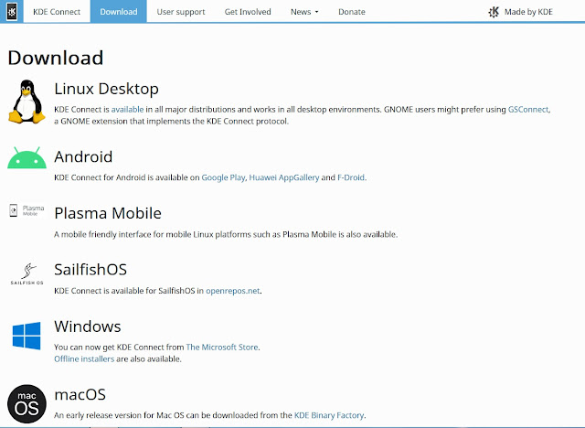 Página de descargas de KDE Connect