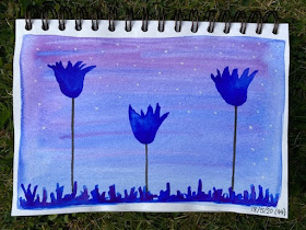 Blue watercolour tulips against a purple wash