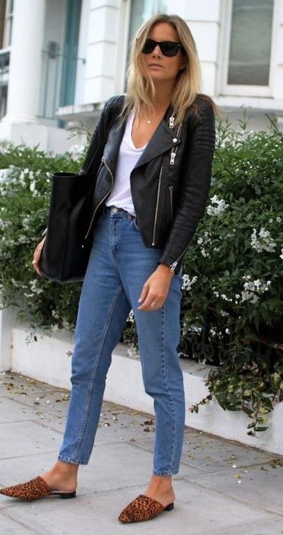 how to style a biker jacket : bag + white top + jeans + loafers