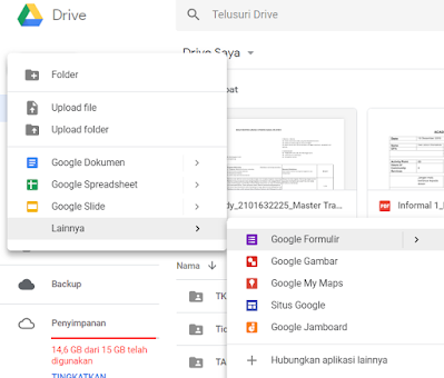 Buka Google Drive Kalian Lalu Pilih Tombol Baru (+). Kemudian Pilih "Lainnya" dan Pilih Lagi "Google Formulir" 2