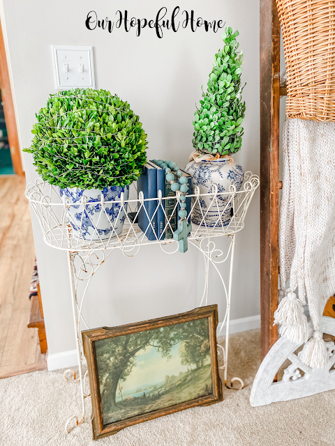 French wire plant stand vintage books faux boxwood ball chinoiserie cache pot