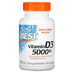 Doctor's Best, витамин D3, 125 мкг (5000 МЕ), 360 мягких таблеток