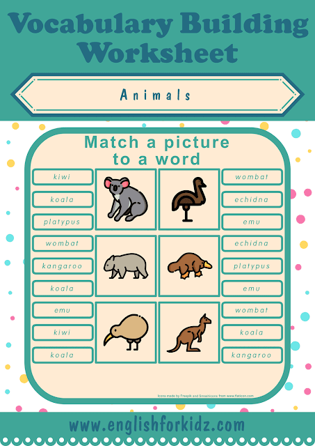 Australian animals worksheet - picture to word matching - free ESL printables