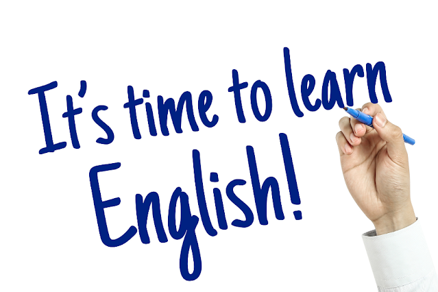 Una ilustración de una mano con un bolígrafo escribiendo en una superficie transparente la frase: "It's time to learn English"