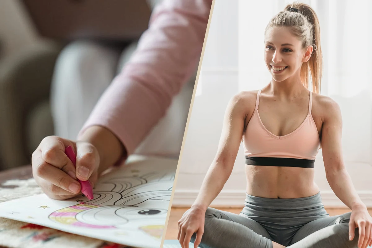 two images: adult coloring book and smiling woman doing yoga