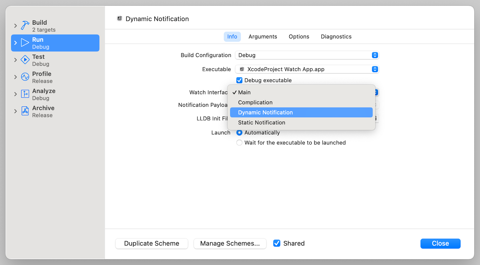 Xcode Edit Scheme Dynamic Notification