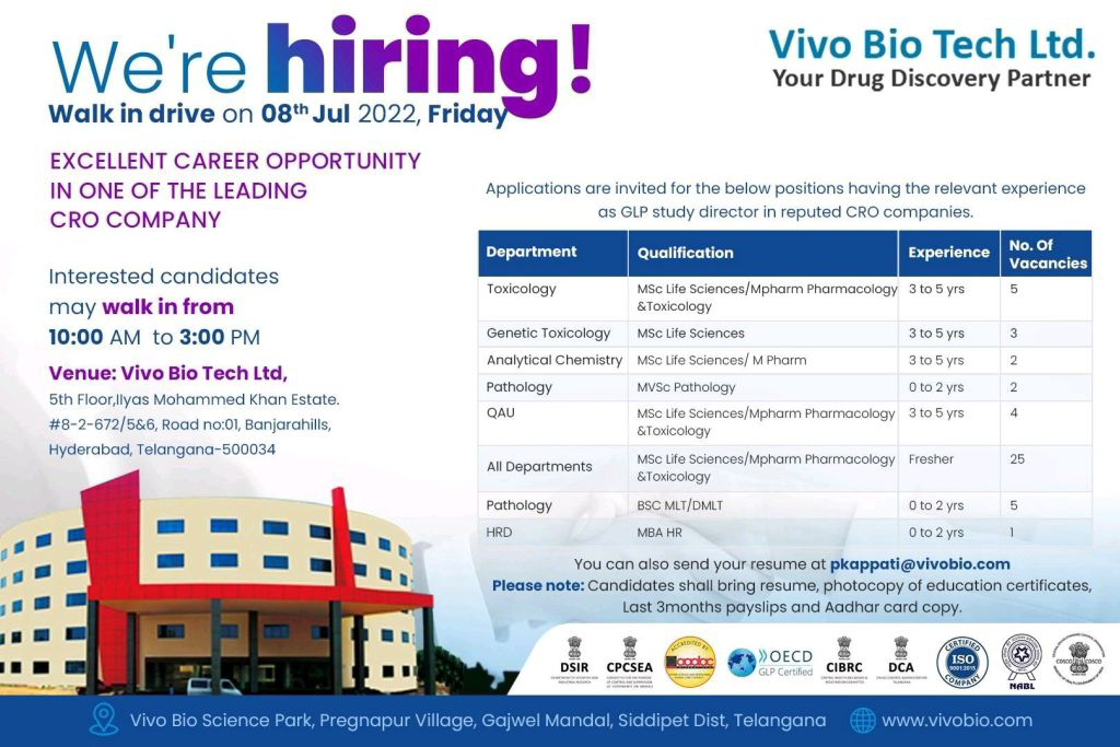 Job Available's for Vivo Bio Tech Ltd Walk-In Interview for Fresher’s & Experienced/ MSc Lifescience/ M Pharm/ BSc/ DMLT/ MBA/ HR/