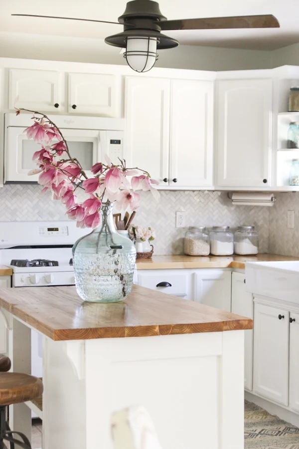 White kitchen redo with butcher block