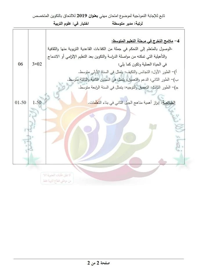 الاجابة النموذجية لموضوع الامتحان المهني في علوم التربية لمسابقة مدير متوسطة 2019