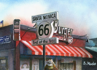 水彩画　ルート６６　サンタモニカにある国道ルート66の終点。始点はシカゴにあります。