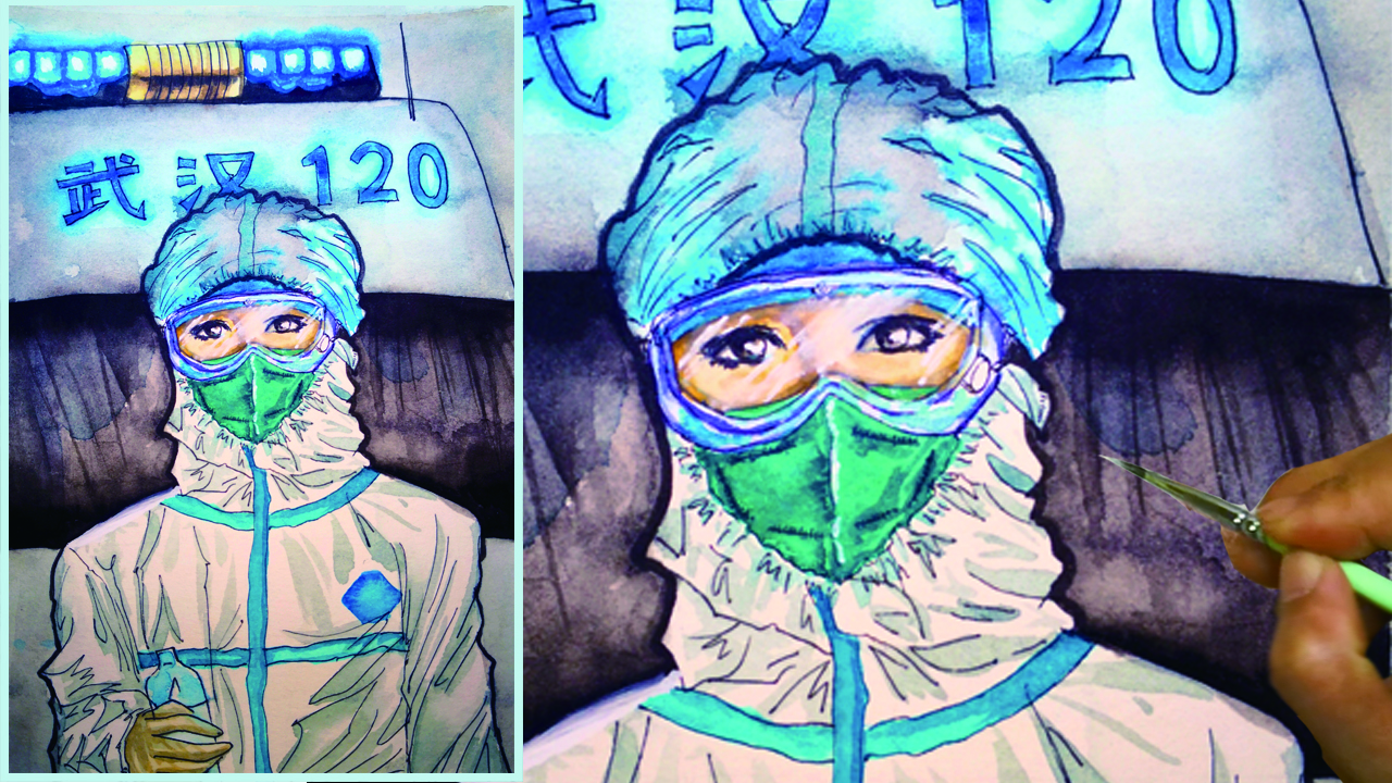 How to draw Wuhan pneumonia coronavirus, the female doctor next to protective suit 120