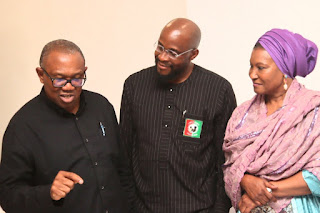 FCT Senator, Ireti Kingibe with 2023 Presidential candidate of the Labour Party (LP), Peter Obi, and another Labour Party (LP) member, at the welcome dinner hosted by the former Governor of Anambra State in Abuja