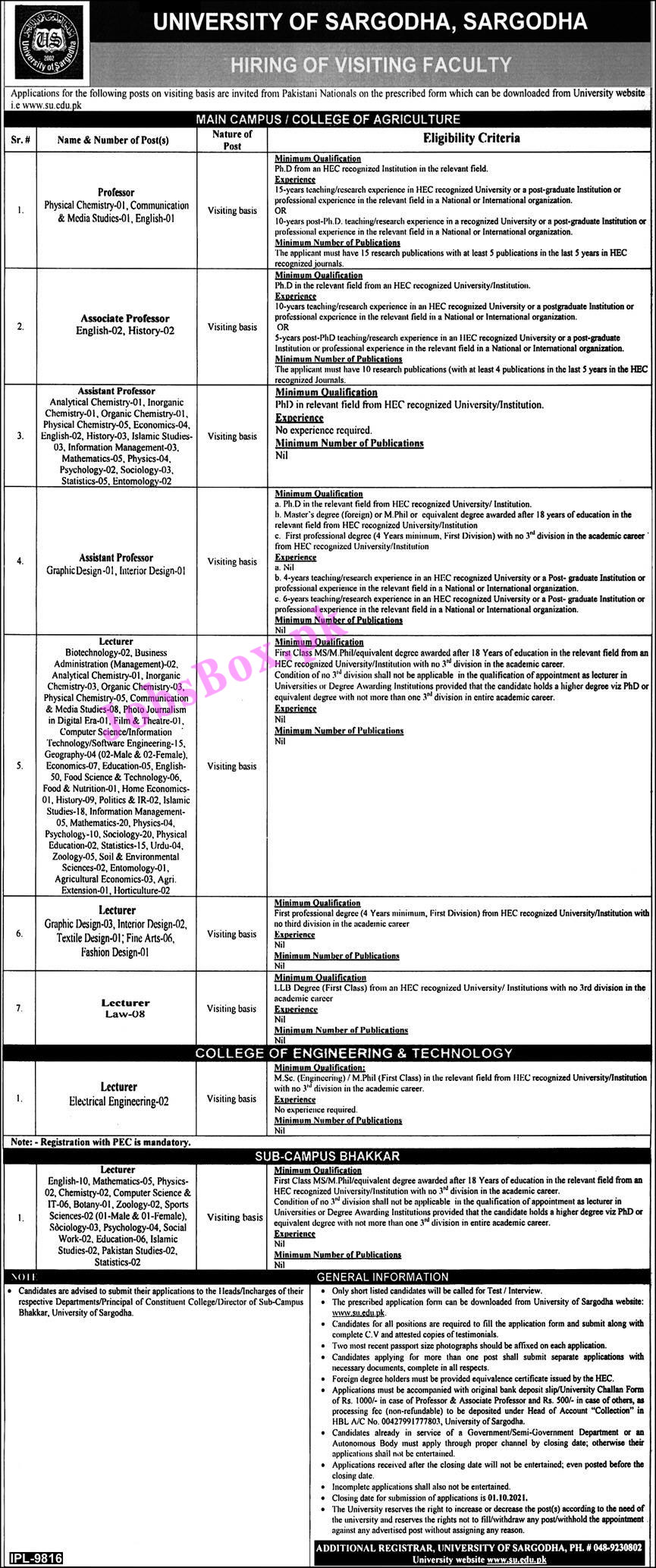 University of Sargodha UOS Jobs 2021 – Application Form www.su.edu.pk