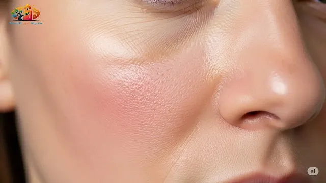 وجه امرأة يظهر عليه علامات تهيج وجفاف في منطقة ولمعان في منطقة أخرى نتيجة استخدام منتجات غير مناسبة