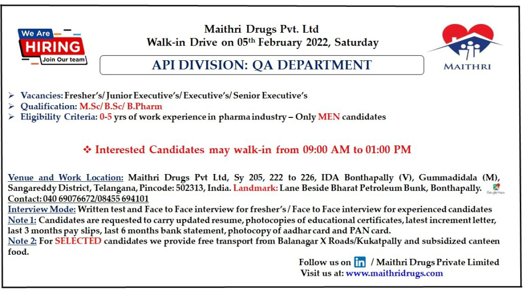 Job Availables,Maithri Drugs Pvt. Ltd Walk-In-Interview For BSc/ MSc/ B.Pharm- Freshers/ Experienced