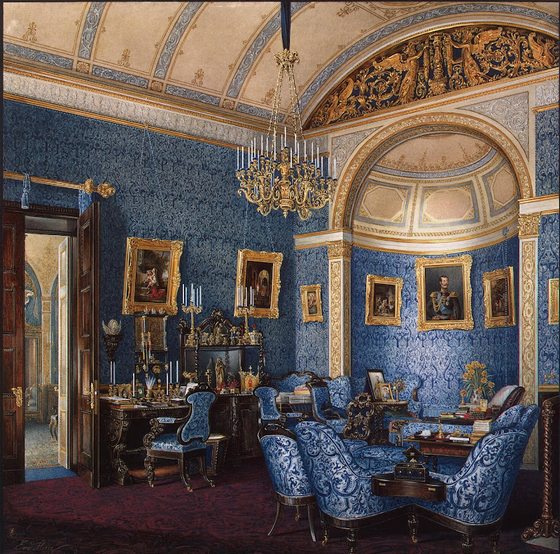 Interiors of the Winter Palace. The Boudoir of Grand Princess Maria Alexandrovna by Edward Petrovich Hau - Architecture, Interiors drawings from Hermitage Museum