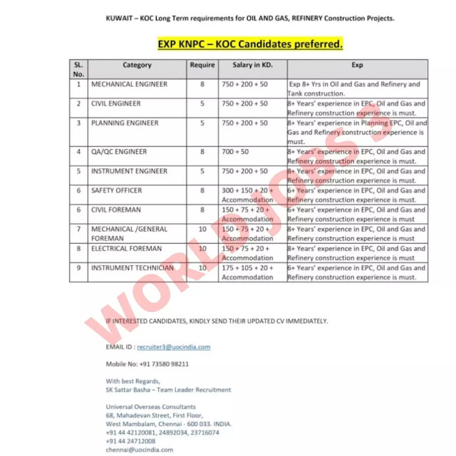 KUWAIT - KOC Hiring for OIL AND GAS, REFINERY Construction Projects